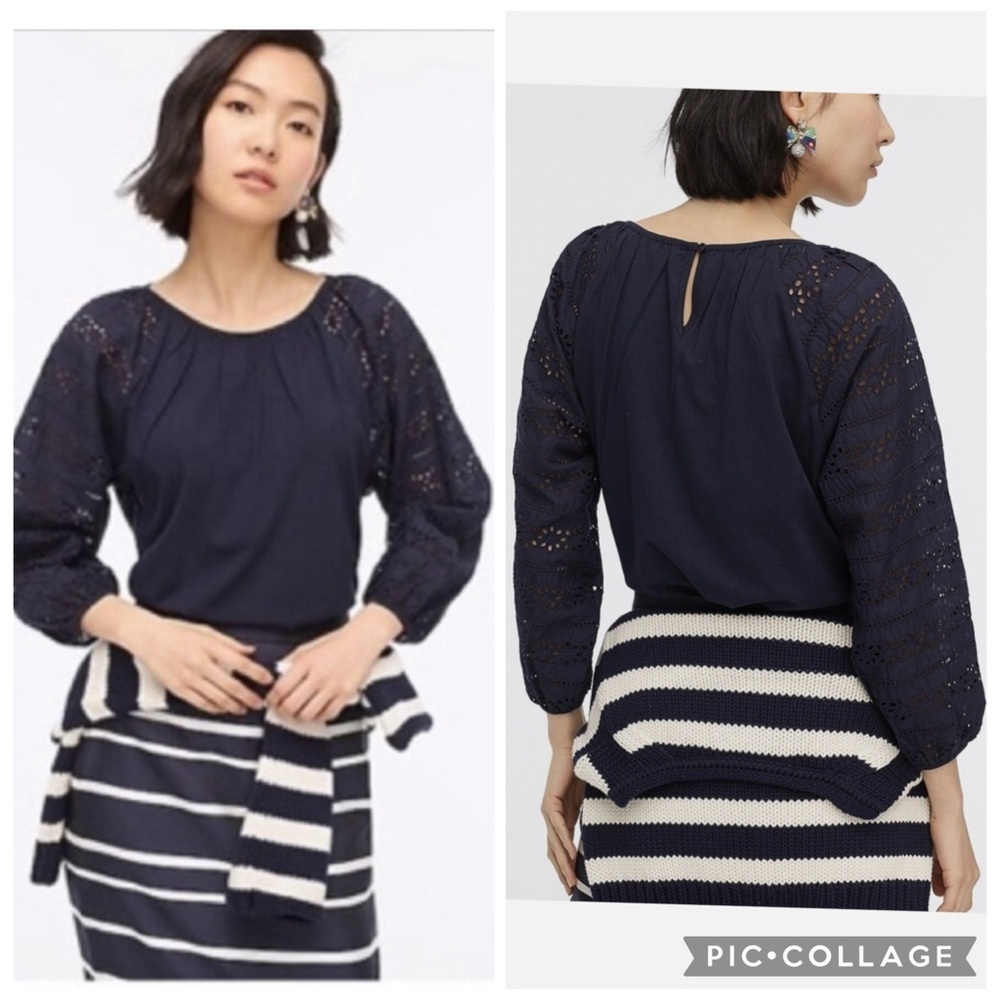 J. Crew Eyelet Navy 3/4 Sleeve Top Size Small